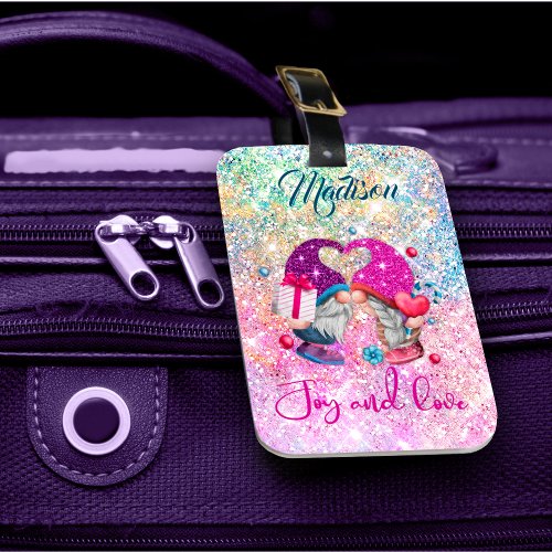 Cute pink faux glitter gnome Christmas monogram Luggage Tag