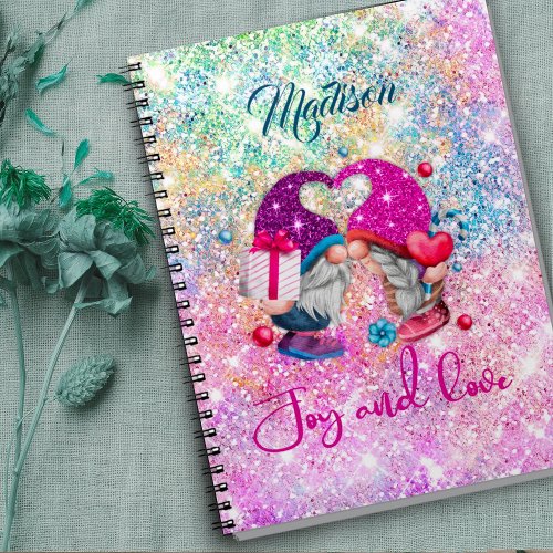 Cute pink faux glitter gnome Christmas monogram Notebook