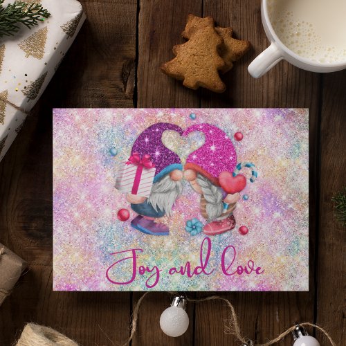 Cute pink faux glitter gnome Christmas monogram Postcard