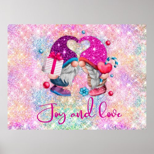 Cute pink faux glitter gnome Christmas monogram Poster