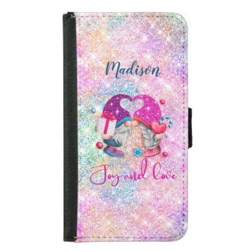 Cute pink faux glitter gnome Christmas monogram Samsung Galaxy S5 Wallet Case