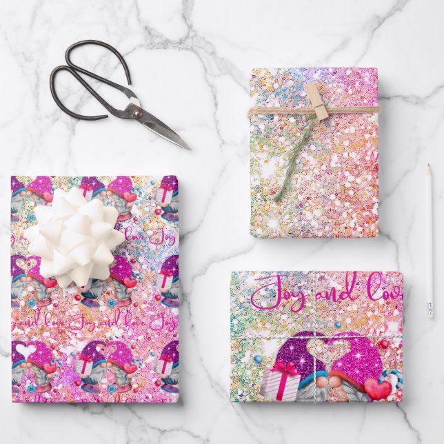 Cute pink faux glitter gnome Christmas Wrapping Paper Sheets (Front)