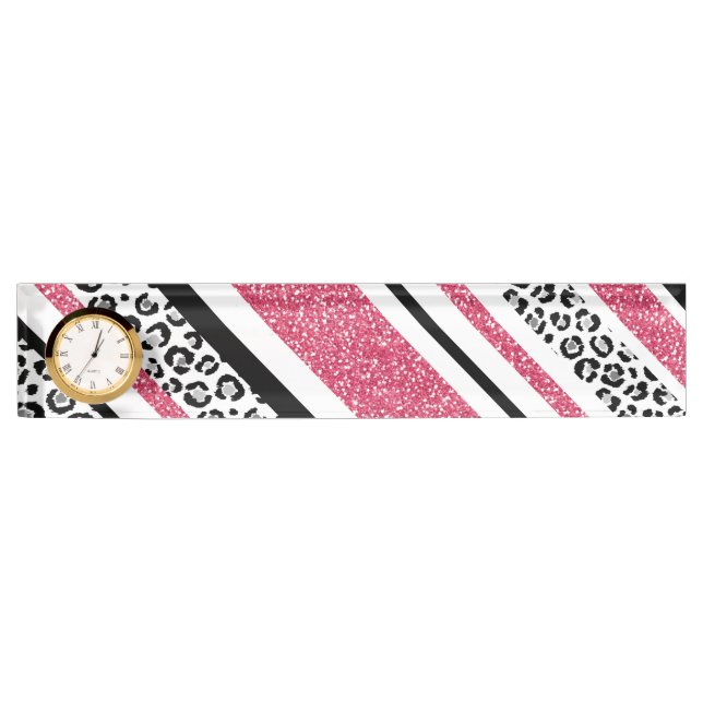 Cute pink faux glitter leopard print stripes name plate (Front)