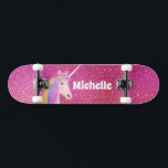 Cute Pink Faux Glitter Unicorn Personalized Skateboard<br><div class="desc">Cute Pink Faux Glitter Unicorn Personalized skateboard makes a great gift idea for a girl who loves unicorns and skateboarding. The board is designed with cool bright pink faux glitter background and a pretty white unicorn with pastel rainbow hair. Perfect gift for unicorn birthday party! Personalized with name in white...</div>