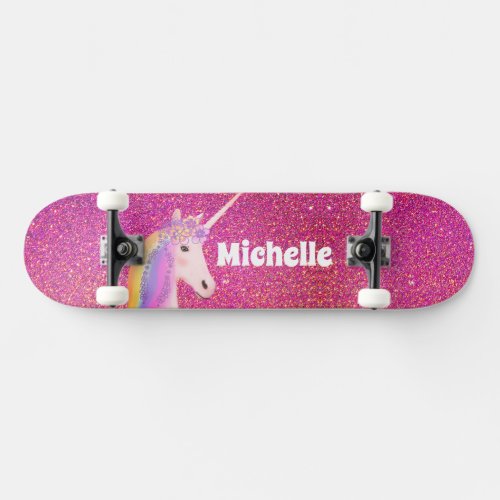 Cute Pink Faux Glitter Unicorn Personalized Skateboard