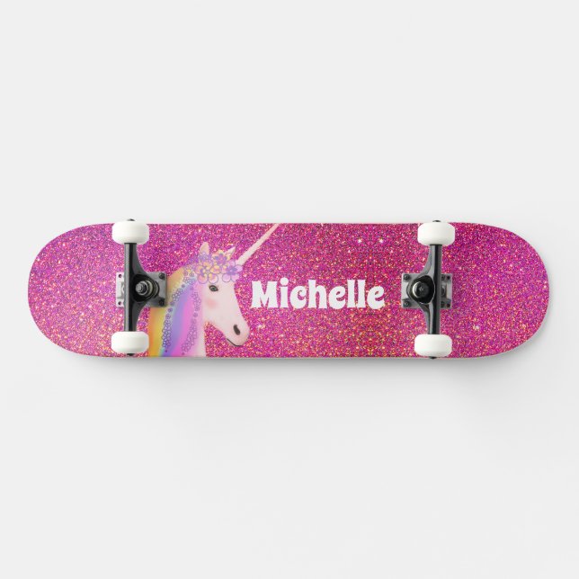 Cute Pink Faux Glitter Unicorn Personalized Skateboard (Horz)