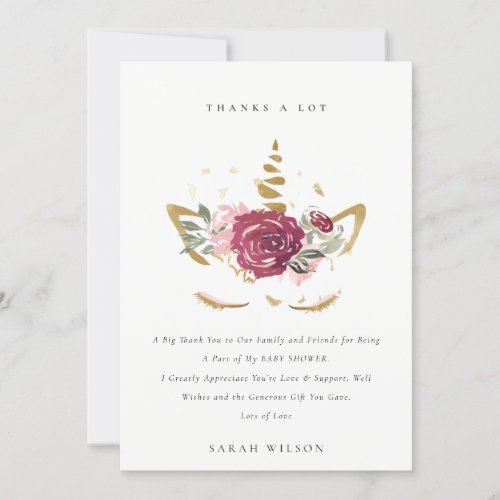 Cute Pink Faux Gold Floral Unicorn Baby Shower Thank You Card