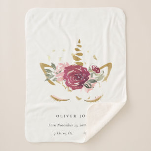 Cute Pink Faux Gold Floral Unicorn Birth Stat Sherpa Blanket