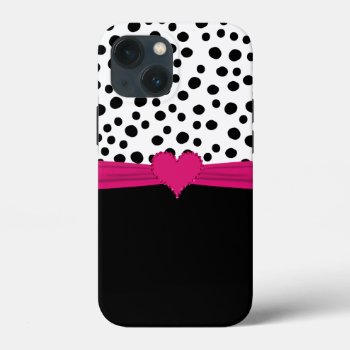 Cute Pink Faux Rhinestone Heart And Polka Dots Iphone 13 Mini Case by idesigncafe at Zazzle