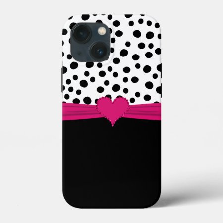 Cute Pink Faux Rhinestone Heart And Polka Dots Iphone 13 Mini Case