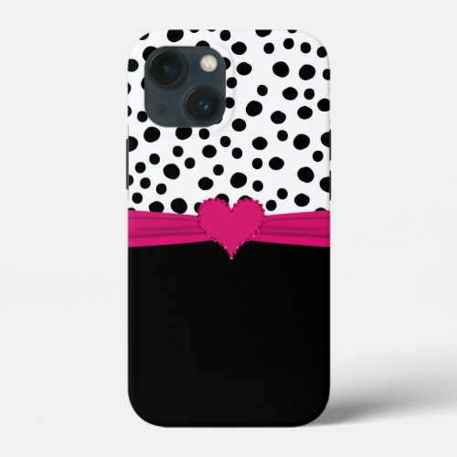 Cute Pink Faux Rhinestone Heart And Polka Dots iPhone 13 Mini Case