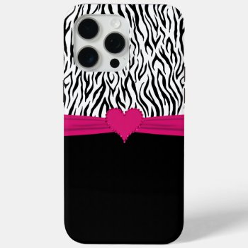 Cute Pink Faux Rhinestone Heart And Zebra Stripes Iphone 15 Pro Max Case by idesigncafe at Zazzle