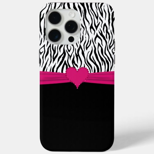 Cute Pink Faux Rhinestone Heart And Zebra Stripes iPhone 15 Pro Max Case