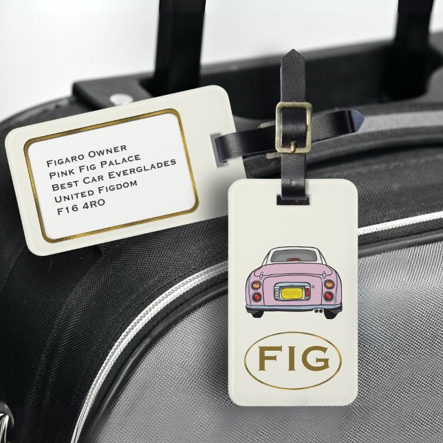 Cute Pink Figaro Car Figarations Luggage Tag (Fun pink figgy luggage tag for your road trip adventures. Just add your initials and address details)
