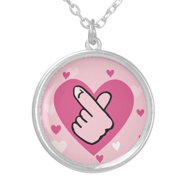 Cute Pink Finger Heart K-pop Love BlackPink Silver Plated Necklace (Front)
