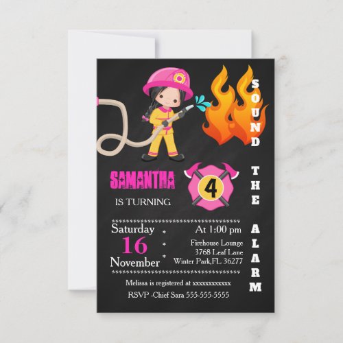 Cute Pink Firefighter Birthday Invitation