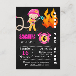 Cute Pink Firefighter Birthday Invitation