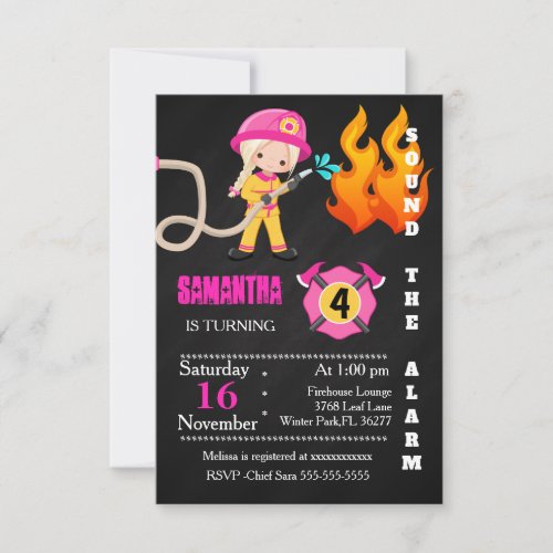 Cute Pink Firefighter Birthday Invitation