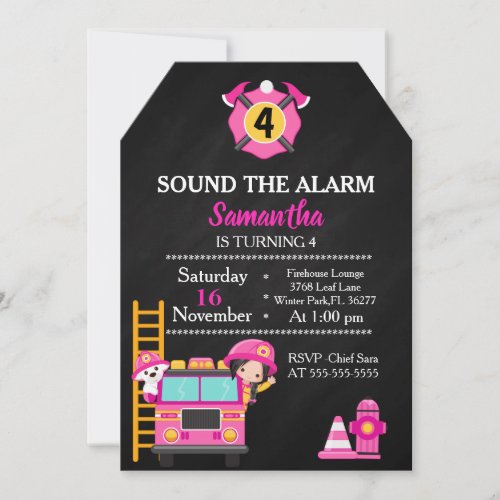 Cute Pink Firefighter Birthday Invitation