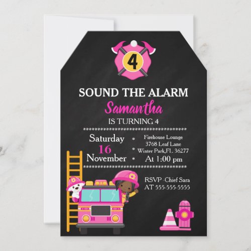 Cute Pink Firefighter Birthday Invitation