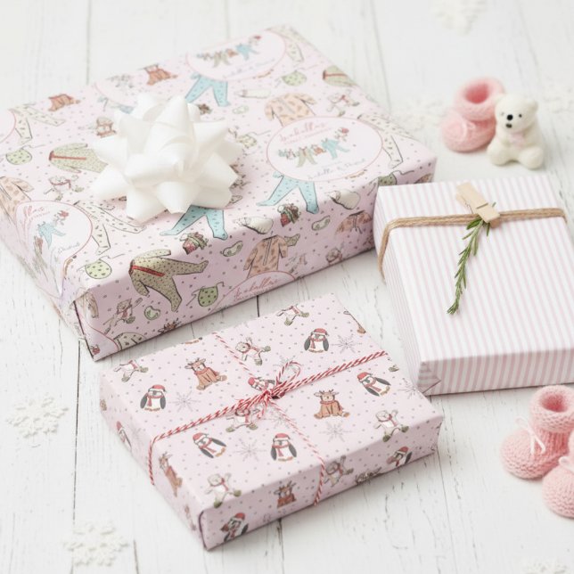Cute Pink First Christmas Winter Pajamas Wrapping Paper Sheets (Baby Girl 1st Christmas Wrapping Paper Pastel Pink. Cute Winter Xmas PJ's, Stuffed Animals, Stripes)