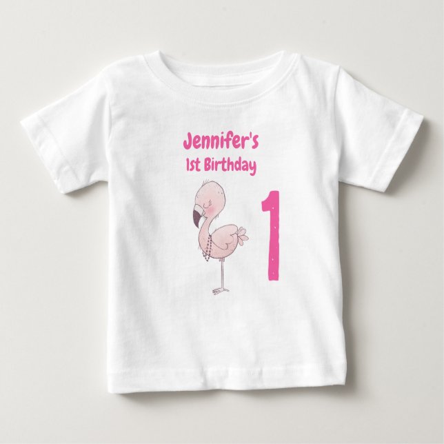 Cute Pink Flamingo 1st Birthday Baby T-Shirt (Front)