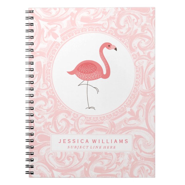 Cute Pink Flamingo 3 Illustration With Pink Swirls Notebook (Front)