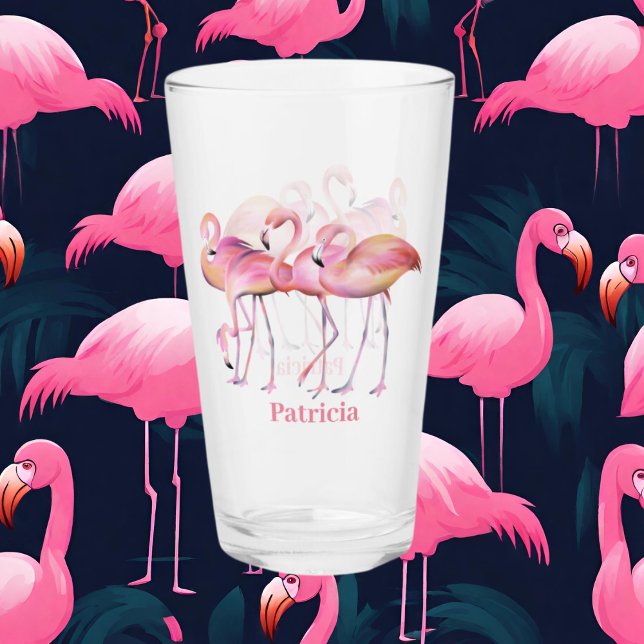 cute pink flamingo add name beach Glass (Creator Uploaded)