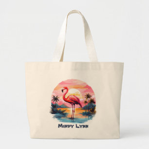 Cute pink flamingo add name large tote bag