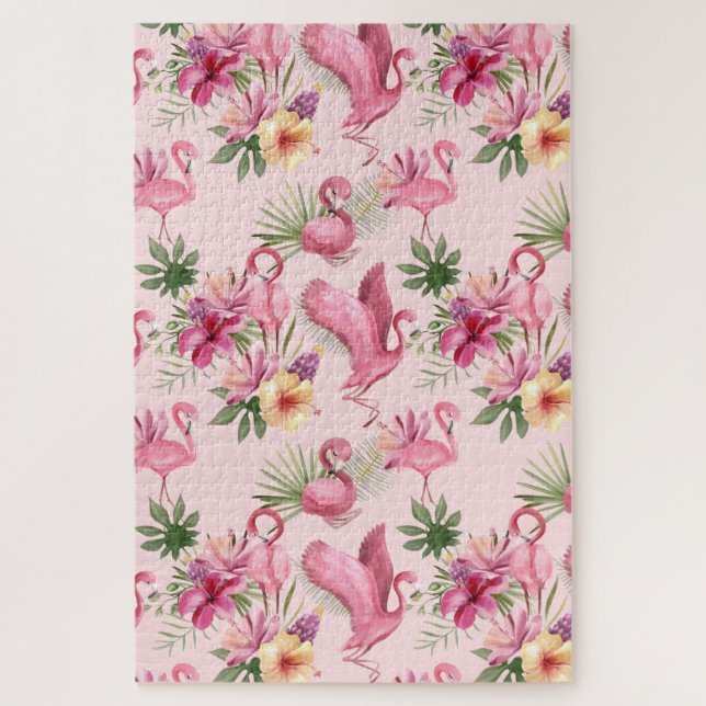 Cute Pink Flamingo And Flowers Jigsaw Puzzle (Vertical)