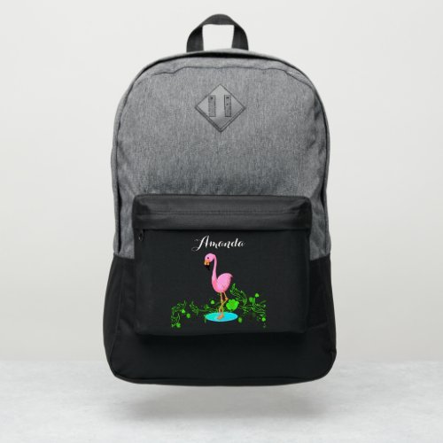 Cute pink flamingo and tropical leaves port authority backpack