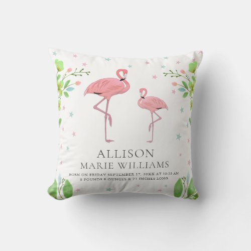 Cute Pink Flamingo Baby Girl Birth Stats Throw Pillow