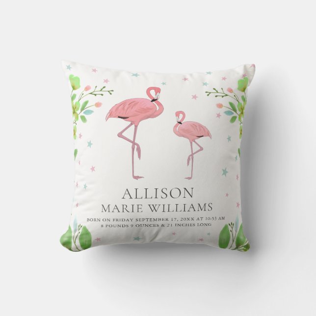 Cute Pink Flamingo Baby Girl Birth Stats Throw Pillow (Front)