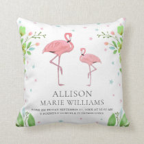 Cute Pink Flamingo Baby Girl Birth Stats Throw Pillow