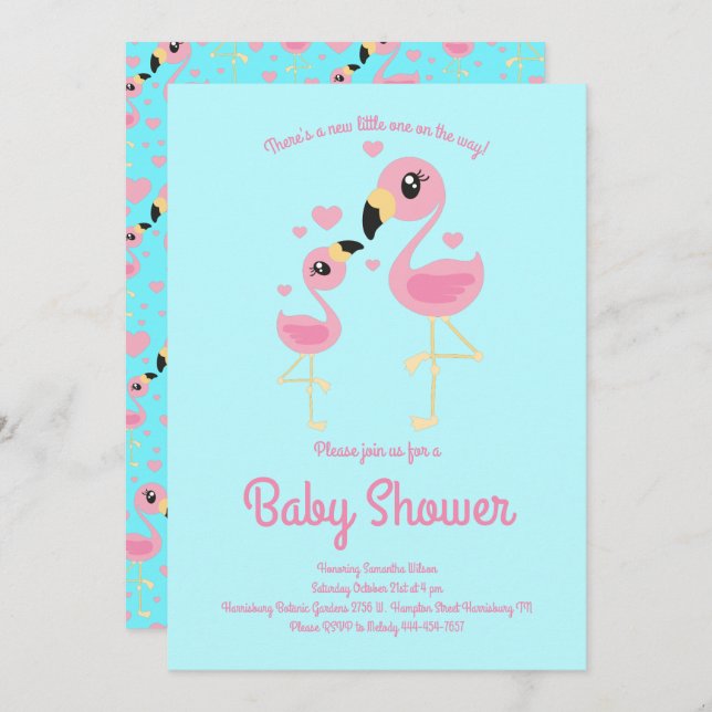 Cute Pink Flamingo Baby Shower Invitation (Front/Back)