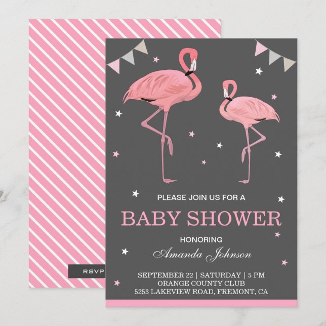 Cute Pink Flamingo Baby Shower Invitation (Front/Back)