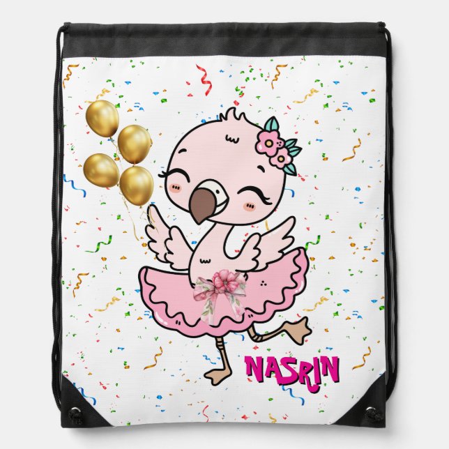 Cute pink  Flamingo Ballerina   Drawstring Bag (Front)