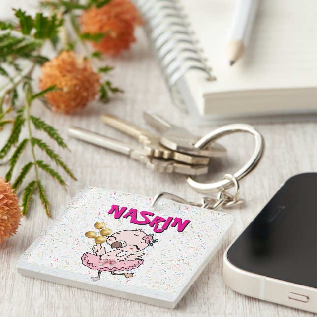 Cute pink  Flamingo Ballerina   Keychain (Front Right)