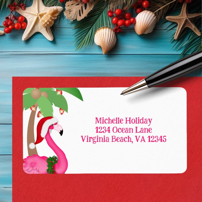 Cute Pink Flamingo Beach Christmas Holiday Address Label (Cute Pink Flamingo Beach Christmas Holiday Addres Label)