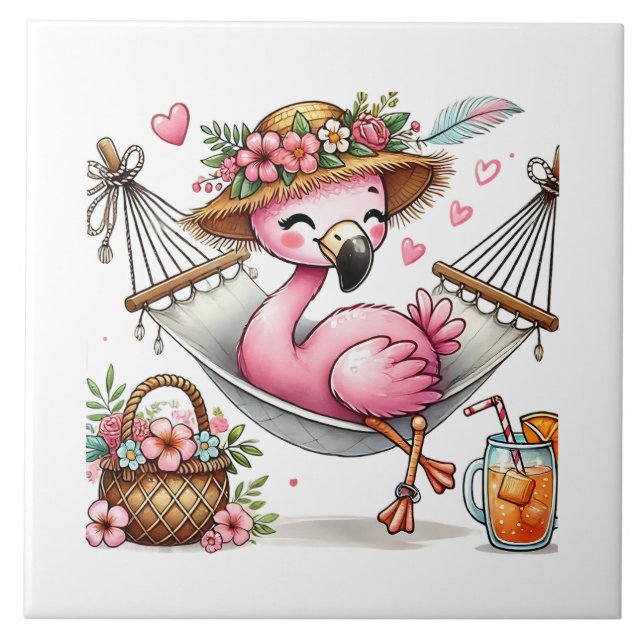 Cute pink flamingo beach lovers ceramic tile (Front)