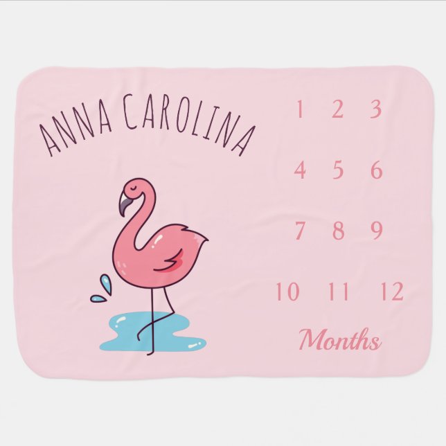 Cute Pink Flamingo Bird in Water Girl Milestone Baby Blanket (Horizontal)