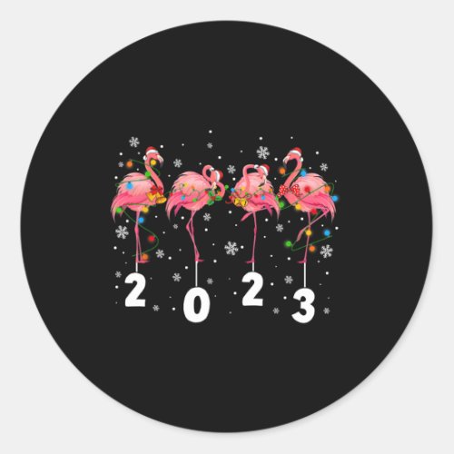 Cute Pink Flamingo Christmas 2023 Santa Hat Lights Classic Round Sticker