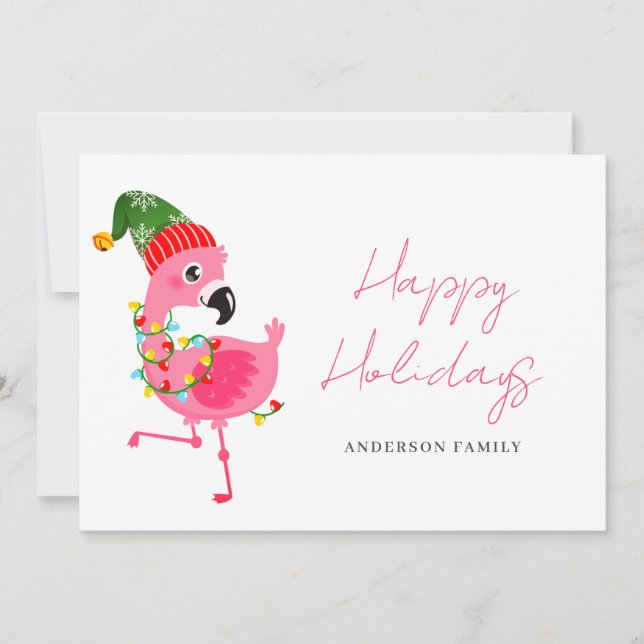 Cute Pink Flamingo Christmas  Holiday Card (Front)