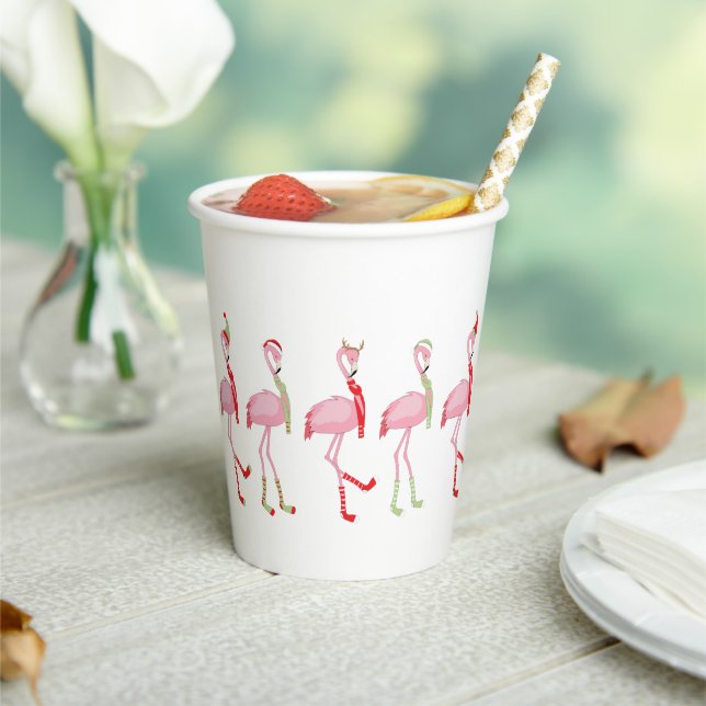 Cute Pink Flamingo Christmas Pattern Paper Cups (Insitu)