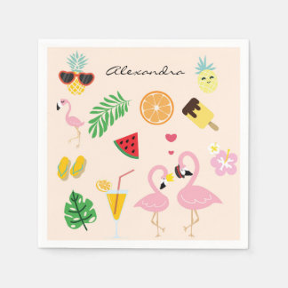 Cute Pink Flamingo Couple with Tropical Summer Napkins