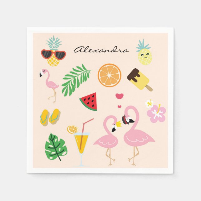 Cute Pink Flamingo Couple with Tropical Summer Napkins (Front)