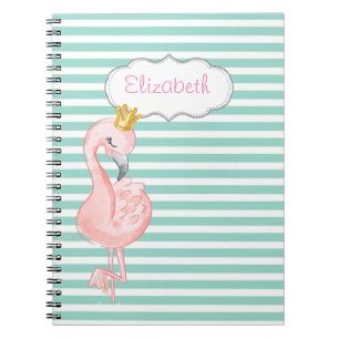 Cute Pink Flamingo Crown Mint Green White Stripes Notebook
