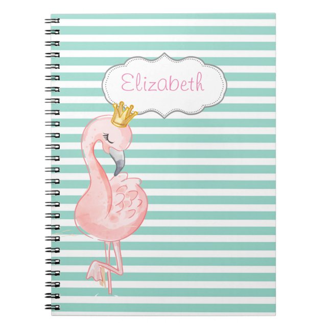 Cute Pink Flamingo Crown Mint Green White Stripes Notebook (Front)