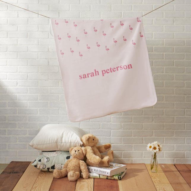 Cute pink flamingo custom name pink baby blanket (In Situ)