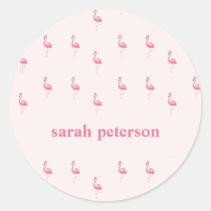 Cute pink flamingo custom name pink classic round sticker